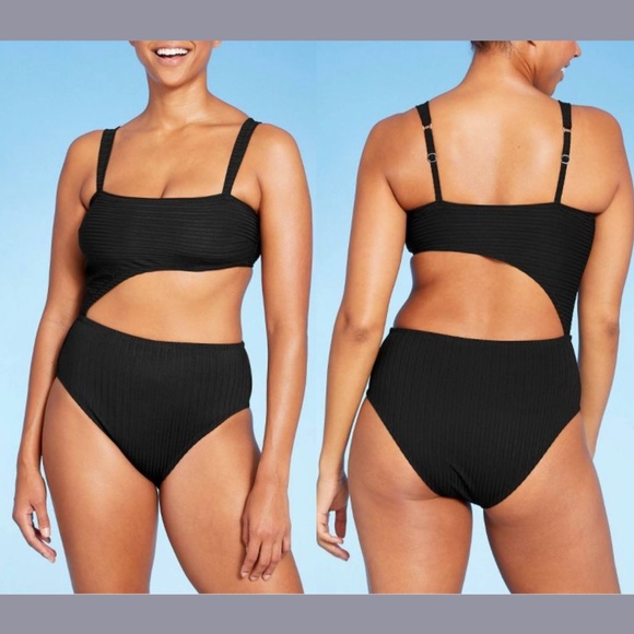 NWT Shade & Shore [ Medium ] Ribbed Cut Out One Piece Swimsuit in‎ Black - Picture 2 of 11